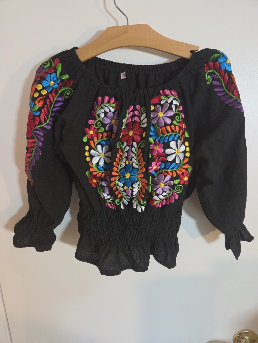 Black Embroidered Boho Peasant Crop Top with Multicolor Floral Motif Going Out